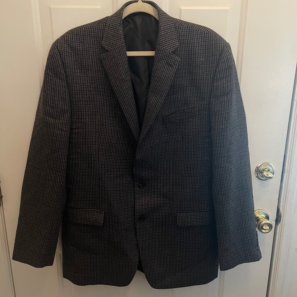 Chaps Wool Blazer 42L Grey Blue Houndstooth Elbow Patches SportCoat Academia